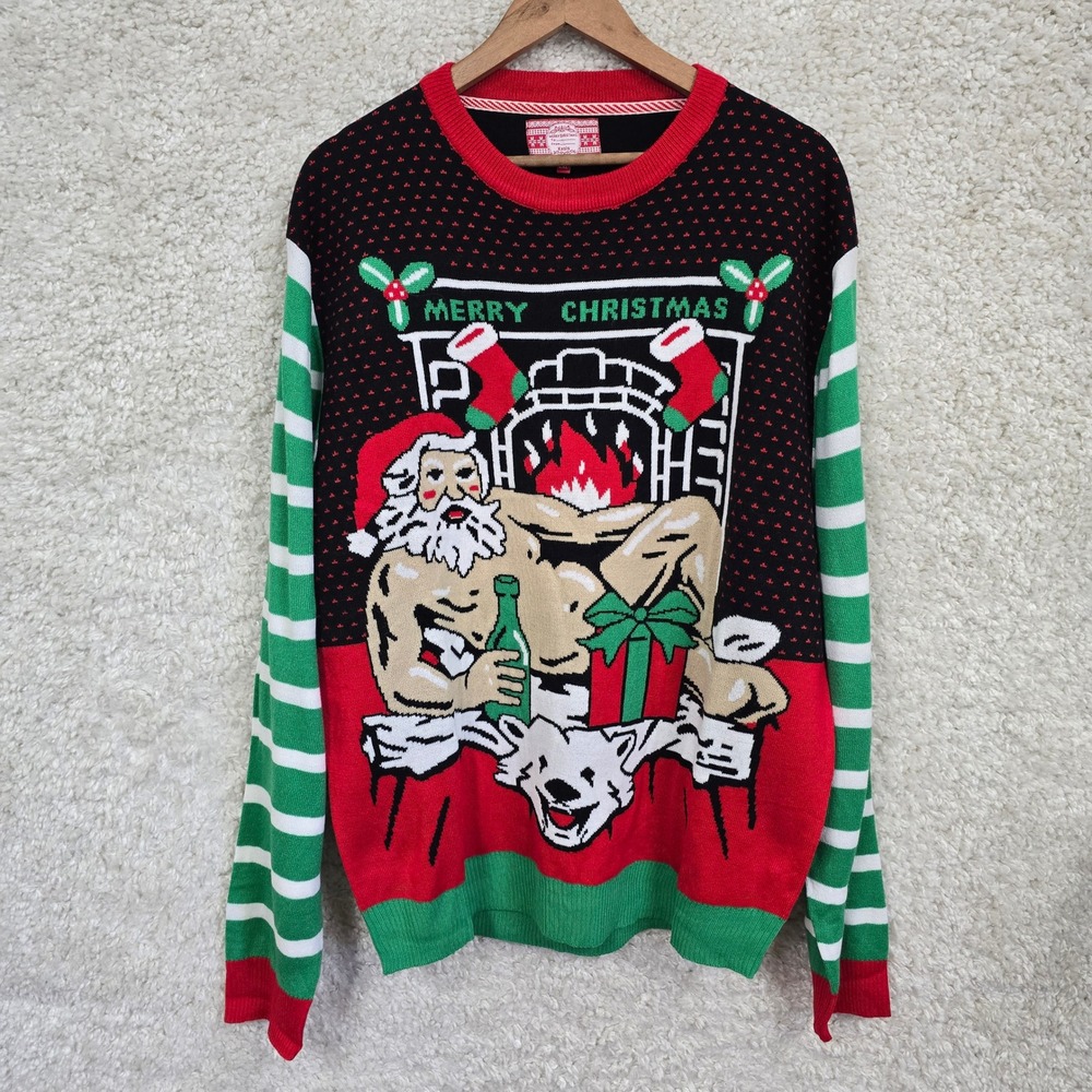 Kesis Naughty Santa‎ Ugly Christmas Sweater Mens 2XL Green Red Funny Holiday
